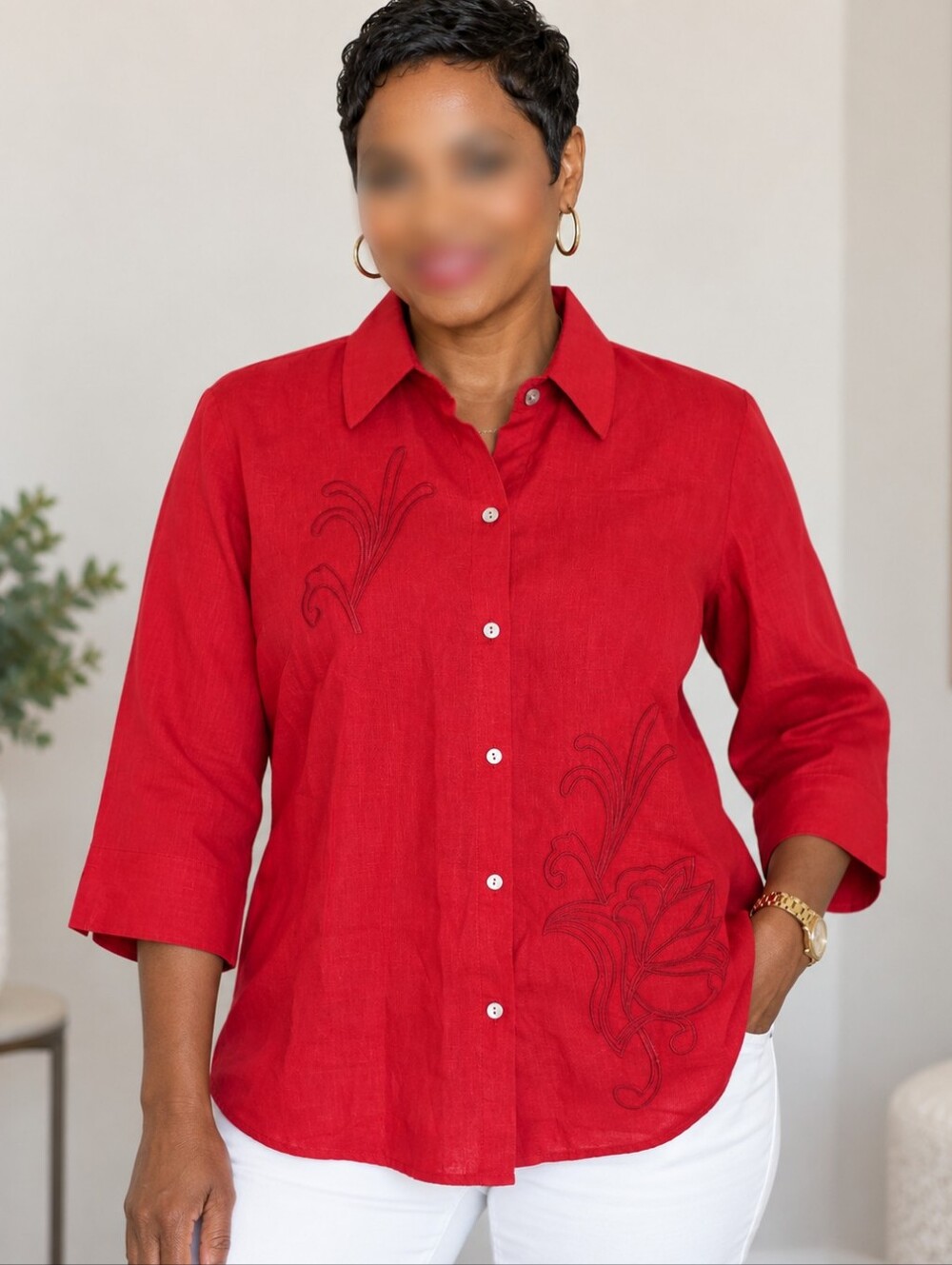 Peck & Peck Red 100% Linen Embroidered Button Front Blouse Shirt Size S